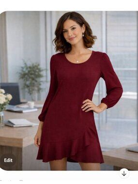 Byinns Burgundy Ribbed Knit Ruffle Hem Dress XL Stretch Long Sleeve Casual Chic
